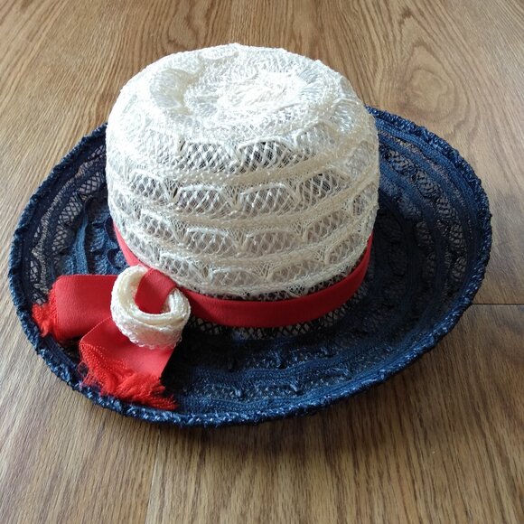 Vintage Red, White and Blue Hat Mesh Lace Helen Joyce Original USA 20.5" Retro - Picture 1 of 9